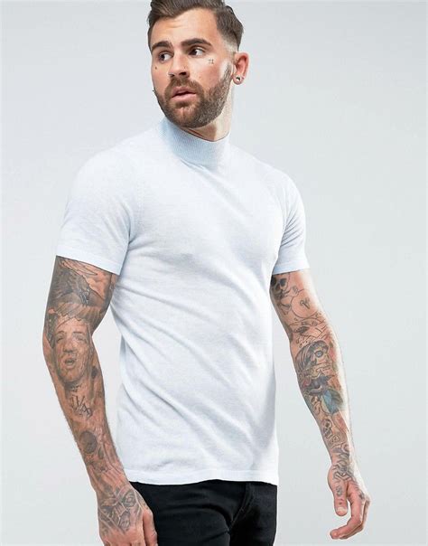 Asos Knitted Short Sleeve Turtleneck In Muscle Fit In Pale Blue Blue
