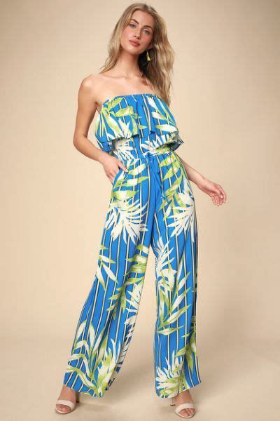 Tropical Print Jumpsuit Strapless Dressy Rompers And Jumpsuits