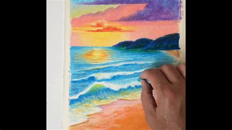 Painting Drawing Landscape Scenery Sea Sunset Oil Pastel For Beginners