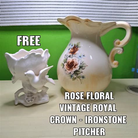 Rose Floral Vintage Royal Crown Ironstone Pitcher Free Small Vase