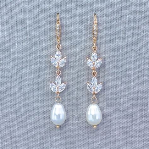 Rose Gold Pearl Drop Earrings Crystal Marquise Bridal Earrings Rose
