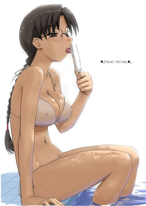 1girl Bikini Braid Breasts Eating Erect Nipples Glasses Hoshina Tomoko Large Breasts Popsicle