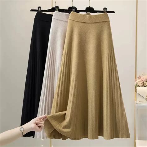 TIGENA Knitted Pleated Midi Long Skirt For Women Autumn Winter