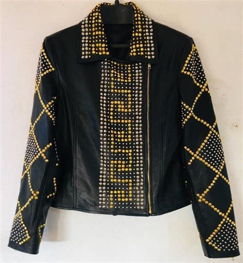 Women Sliverandgold Studded Leather Jacket Handmade Stylish Fashion