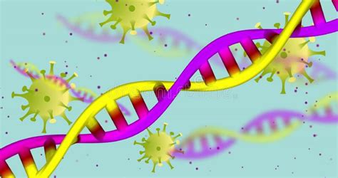 Image Of Dna Strands And Virus Cells On Green Background Stock