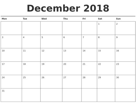 December 2018 Calendar Printable