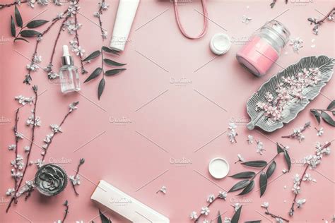 Modern Cosmetics Layout On Pink Cosmetics Beauty Background Facial