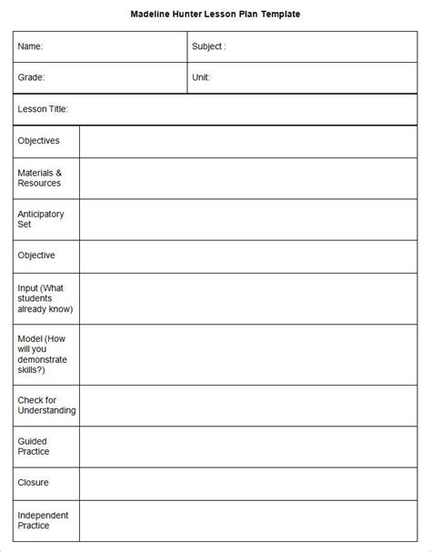 Madeline Hunter Lesson Plan Template Free Printable
