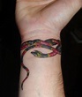 a person with a tattoo on their wrist holding up a hand that has a ...