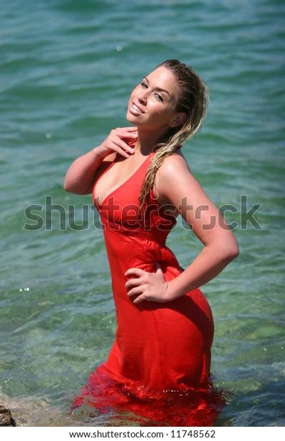 Sexy Blonde Girl Wet Red Dress Stock Photo Shutterstock