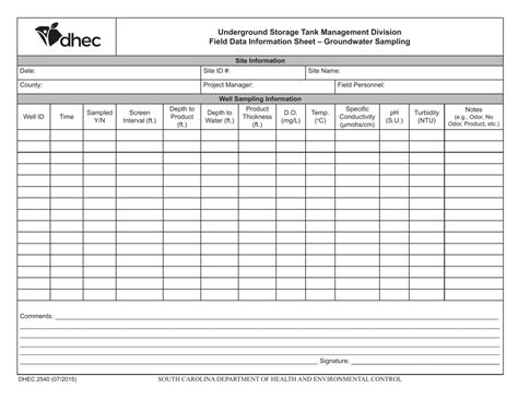 Dhec Form 2540 Download Fillable Pdf Or Fill Online Field Data