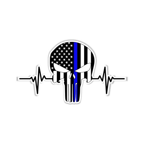 Punisher American Flag Blue Line Heartbeat Full Color Vinyl Decal
