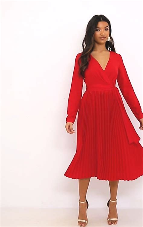 Red Long Sleeve Pleated Midi Dress Midi Dress Pleated Midi Dress