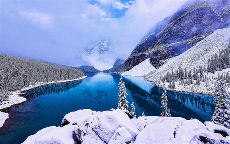 Banff Winter Snowdrifts Blue Lake North America Mountains Banff