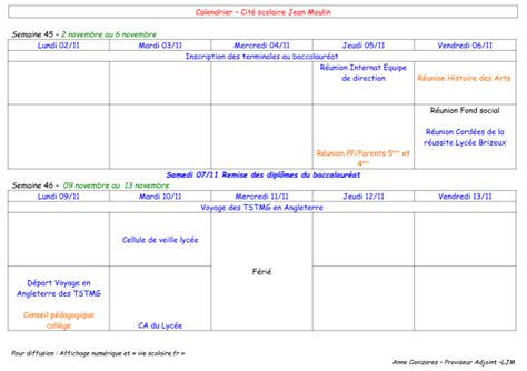 Planning Semaines 45 Et 46 Cité Scolaire Jean Moulin