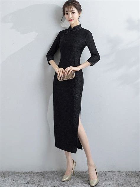 Black Lace Long Qipao Cheongsam Dress With Split Chinese Style