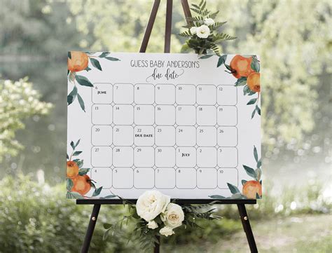 We are not responsible for costs due to typos or errors. Citrus Guess Baby Due Date Calendar Sign, Printable Baby Birthday Prediction Game Template ...