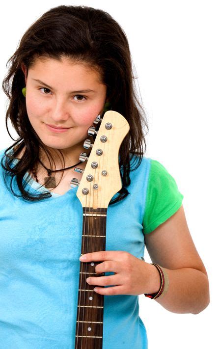Teenage Girl With Her Electric Guitar Isolated Over A White