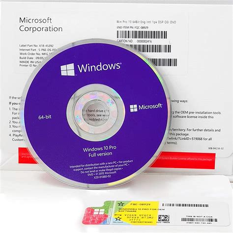 Microsoft Windows 10 Pro DVD 64 Bit Coa Sticker Sistema Operativo