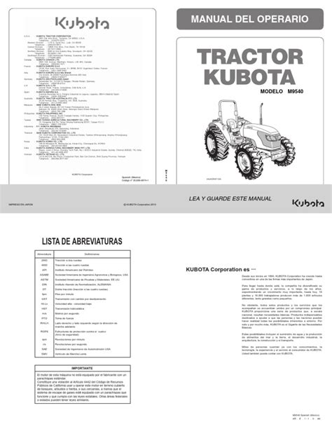 Manual Kubota M9540 Tractor Motor Diesel