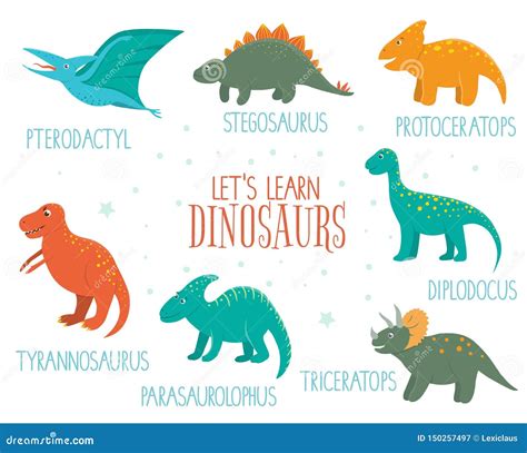 Vector Set Of Cute Dinosaurs With Names Isolated On White Background