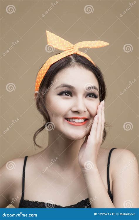 portrait of asian girl with pretty smile in pinup style touching stock image image of asian