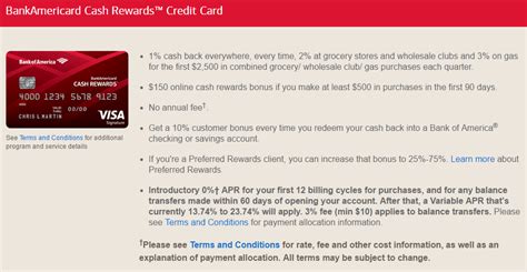 The bank of america cash rewards credit card for students offers 3% cash back in a category of your choice, including gas, online shopping, travel, dining, drugstores, and home improvement and furnishings, 2% cash back at grocery stores and wholesale clubs and 1% cash back on all other purchases. BankAmericard Cash Rewards Credit Card $150 Bonus After $500 In Purchases - Doctor Of Credit