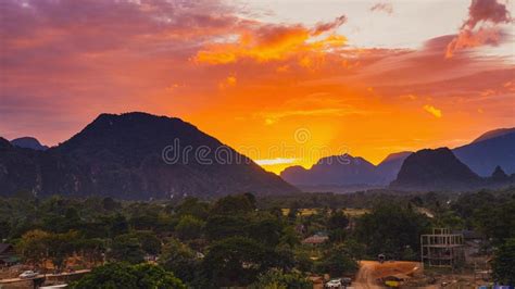 Viewpoint And Beautiful Sunset At Vang Vieng Laos Stock Photo Image