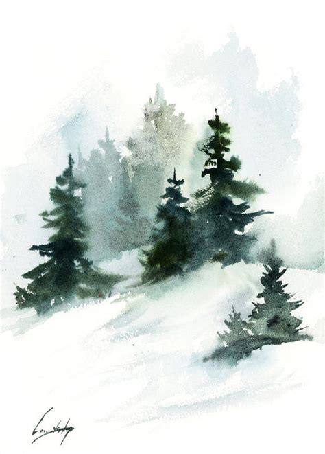 Pine Trees Landscape Painting Winter Landscape Original Watercolor