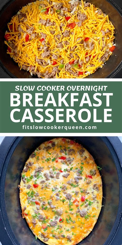 Spray a 9 x 13 pan with cooking spray. SLOW COOKER OVERNIGHT BREAKFAST CASSEROLE - Eggs, hash browns, cheese, vegetables, and the meat ...