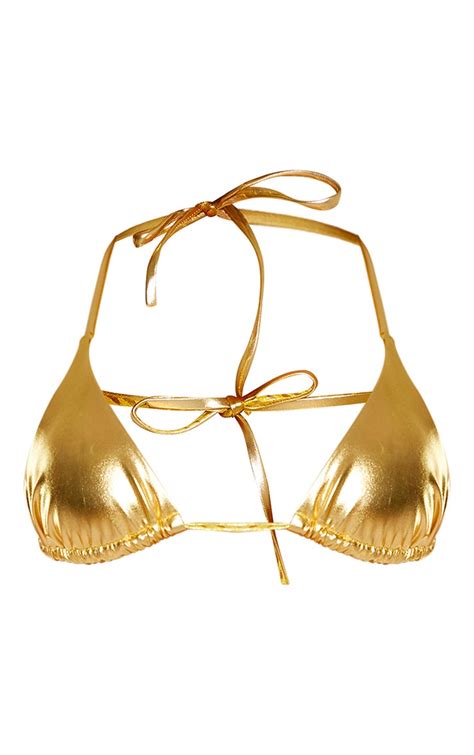 Gold Metallic Tie Front Bikini Top Swimwear Prettylittlething Ksa