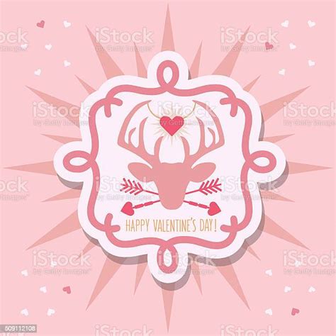 Cute Happy Valentines Day Deer Emblem Sticker On Pink Background Stock