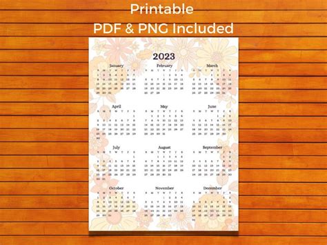 2023 Year At A Glance Calendar Printable Retro Flower Power Etsy