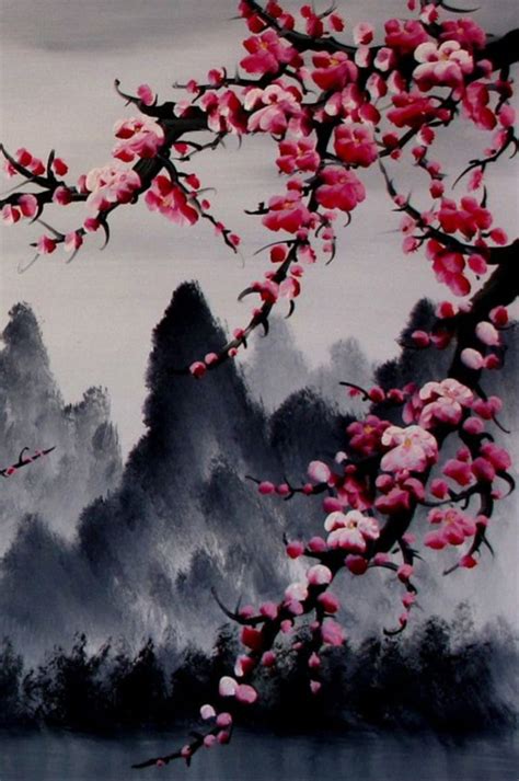 Blossoms Black Black And Red Cherry Blossoms Flowers Painting Red