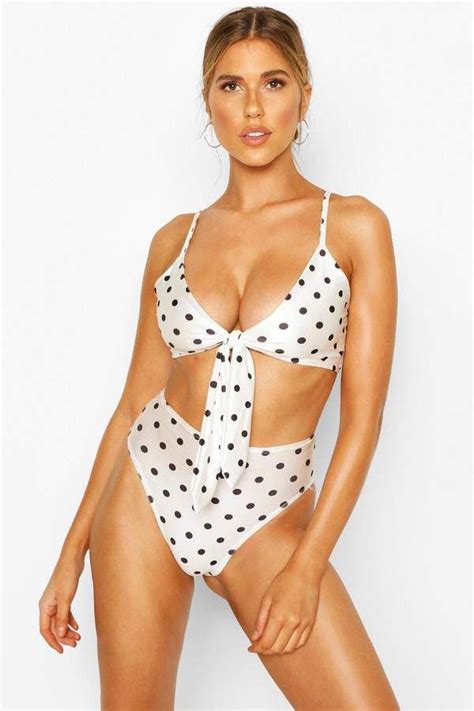 Boohoo Polka Dot Ruffle Triangle High Waist Bikini Womens Swimsuits Bikini Swimsuits For Big