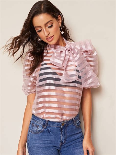 tie neck striped sheer top without bra shein tie neck blouse neck tie without bra pastel