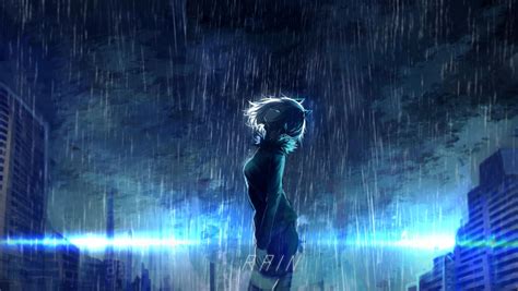 Wallpaper Anime Girls Reflection Rain Blue Light