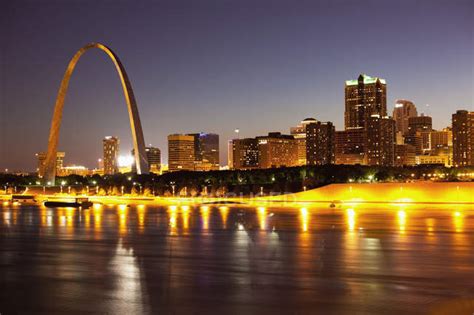 Illuminated St Louis Skyline With Glowing Arch Missouri Usa