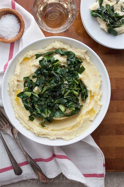 Celery Root And Cauliflower Puree With Garlicky Greens On