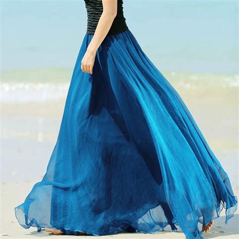 Buy Fashion Women Double Layer Chiffon Pleated Long Maxi Skirts Elastic Waist