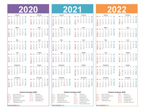 2020 And 2021 And 2022 Calendar With Holidays Word