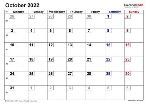 Calendar October 2022 Uk With Excel Word And Pdf Templates
