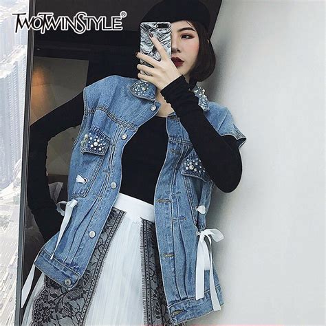 Twotwinstyle Denim Waistcoats For Women Sleeveless Pearls Patchwork Lace Up Big Size Vest Female