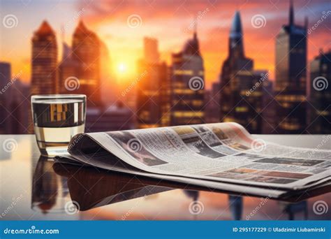 The Newspaper Lies on a Mirror Surface Against the Backdrop of the