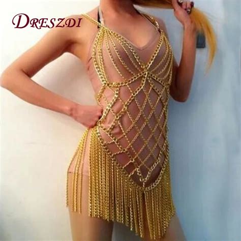 Sexy Women Mesh Plaid Metal Chain Hollow Out Tassel Dress Summer See Through Exotic Sparkling