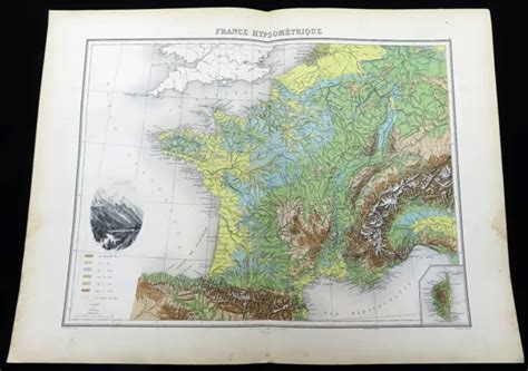 ANTICA MAPPA DELLA Francia Geologica Francese Geografia Ipsometrica