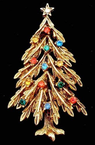 Vintage Rhinestone Christmas Tree Brooch Signed Art Pin Multi Colored