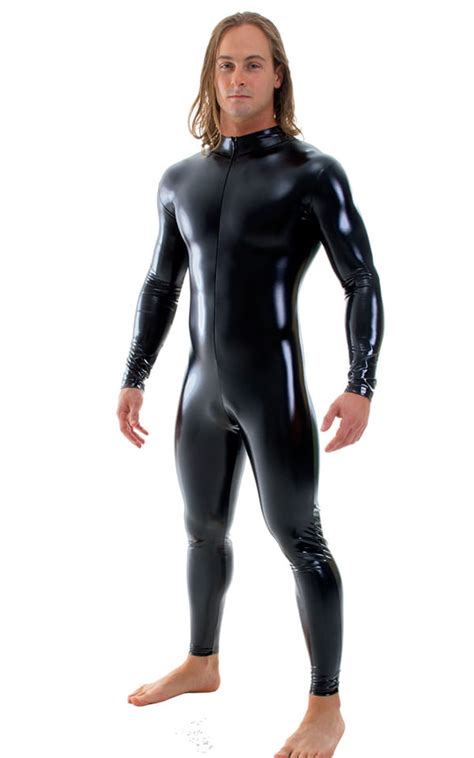 full bodysuit zentai lycra spandex suit for men in gloss black stretch vinyl nylon lycra