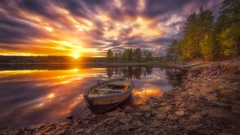 Boat Lake Forest Clouds Sunset Norway Wallpaper Hd