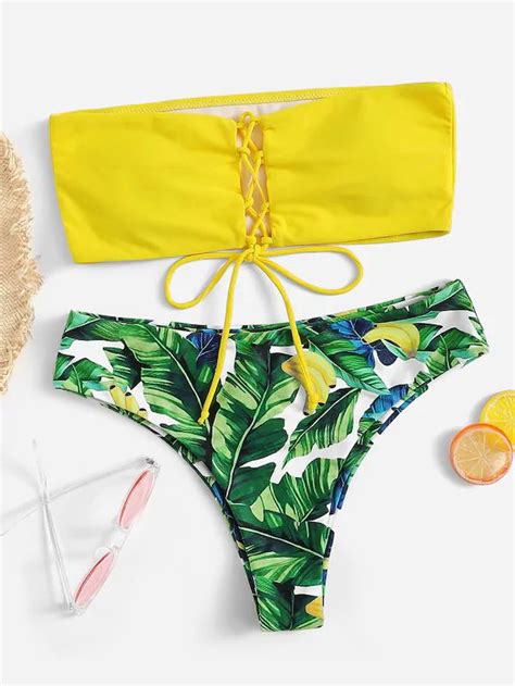 Lace Up Bandeau With Random Palm Print Bikini Set Palm Print Bikini Bikinis Printed Bikini Sets